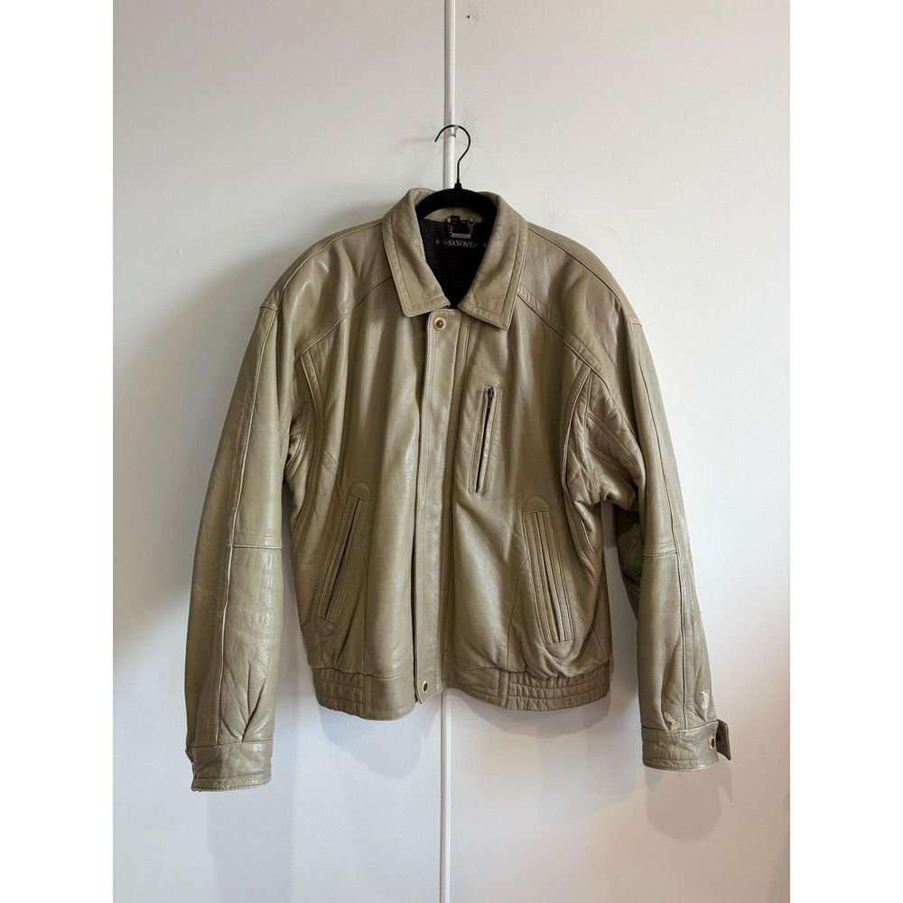 VTG Saxony Collection Jacket Mens 40 Beige Leather Bomber Full Zip Lined Pockets